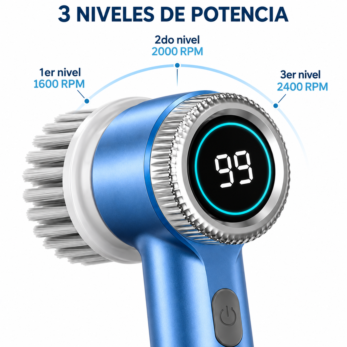 Detalle del cepillo MR CASA con tres niveles indicados: 1600, 2000 y 2400 RPM.